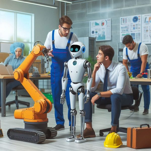 Robot and humans collaborating in a workplace setting